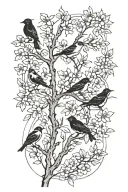 sideways very thin black and white masculine cherry branch tattoo with minimal blossoms  with 4 solid black birds.     tattoo design idea