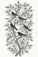 sideways very thin black and white masculine cherry branch tattoo with minimal blossoms  with 4 solid black birds.     tattoo design idea