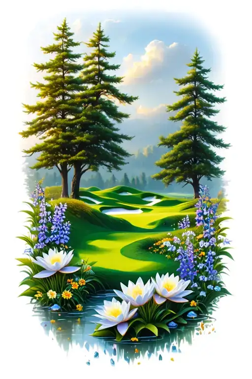 golf course landscape rolling hills flowers pine trees water lily larkspur lace tattoo design idea