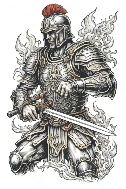 Roman soldier holding a sword surrounded by flames tattoo design idea