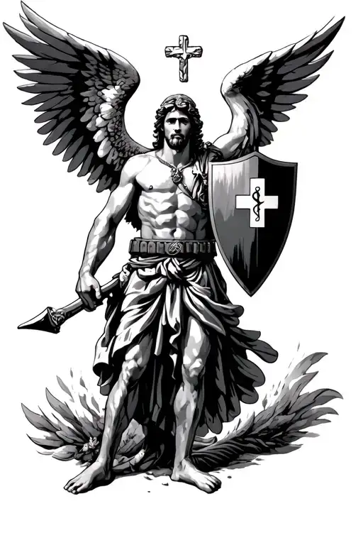 St. Michael in a plate carrier with a medical shield. American traditional tattoo design idea