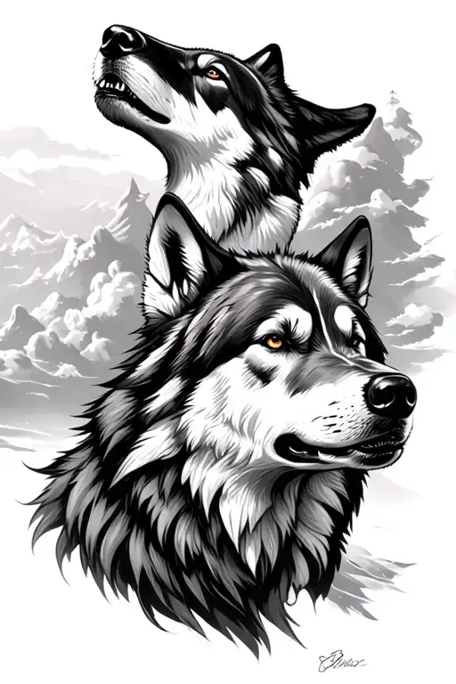 lone Wolf Howling to Sky with Wolf Pack looking down in support tattoo design idea