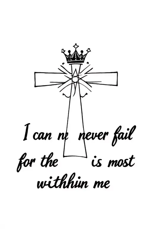 a small Christian Cross with crown and with the words written "I can never fail for the most high is within me" tattoo design idea