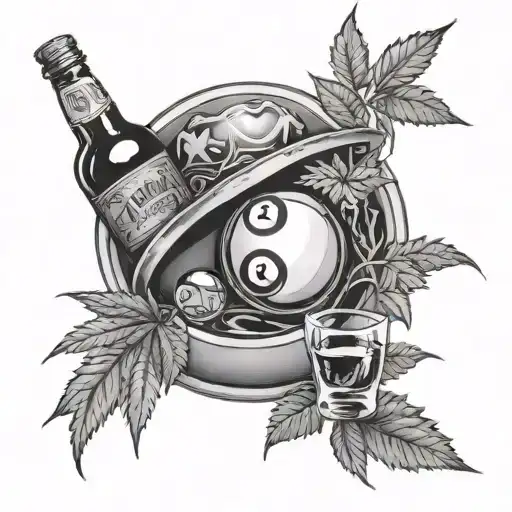 poolball, whiskey, a whore, cannabis leaves tattoo design idea