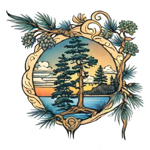 eastern white pine sunset beach tattoo design idea