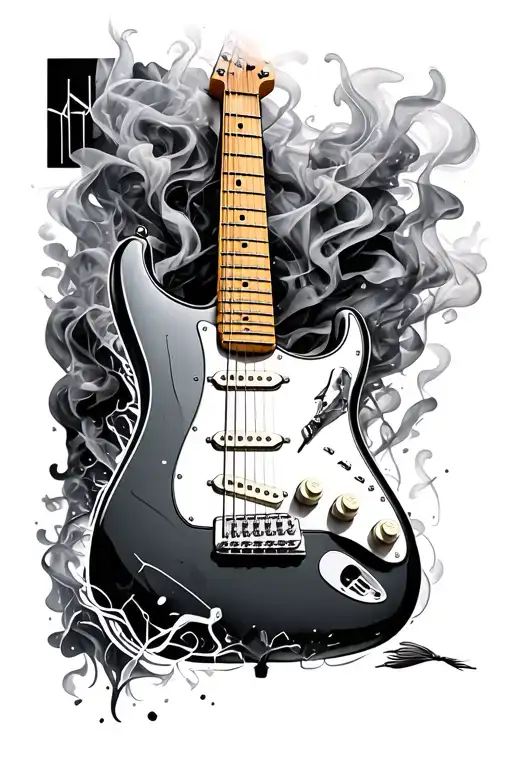 stratocaster guitar, ps5 controller, fishing hook, heart beat, smoke tattoo design idea