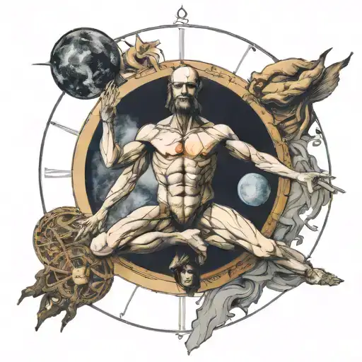 realistic vitruvian man, moon phases above his head vertically tattoo design idea