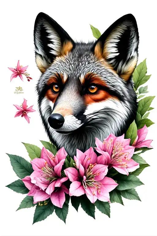 black and grey realism fox head surrounded by rhododendron  tattoo design idea