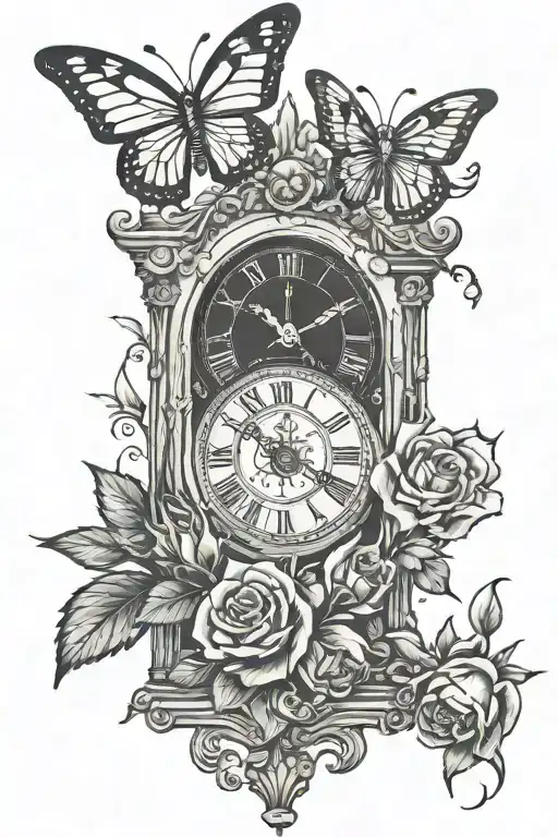 grandfather clock with a rose on each side and monarch butterflier tattoo design idea