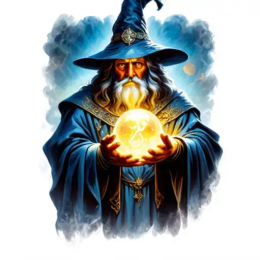A wizard holding a glowing orb that reveals glimpses of the future tattoo design idea