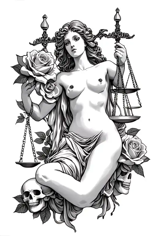 nude lady Justice and roses with skulls tattoo design idea