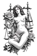nude lady Justice and roses with skulls tattoo design idea