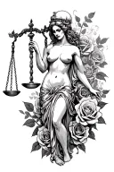 nude lady Justice and roses with skulls tattoo design idea
