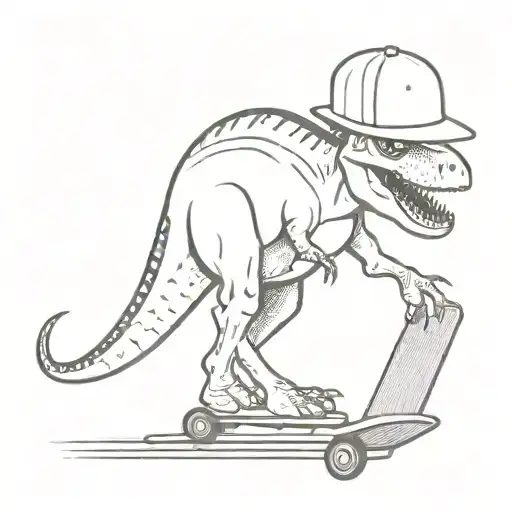 a dinosaur riding a skateboard with a basketball jersey on  and a flat bill hat  tattoo design idea