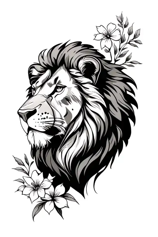 lions head, flowers growing tattoo design idea