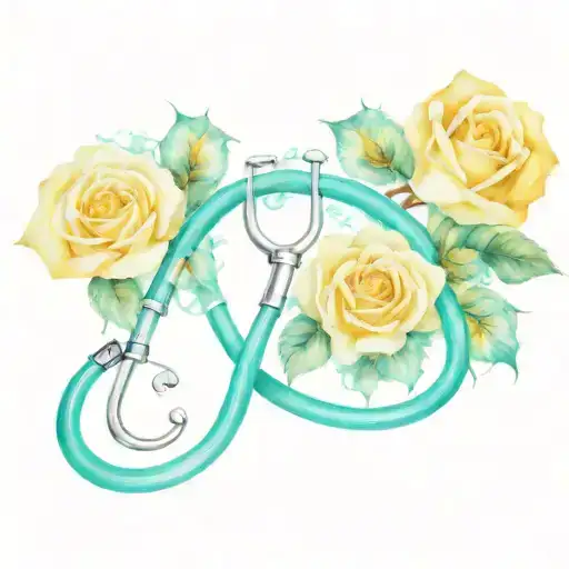 White and yellow roses surrounding a cyan stethoscope  tattoo design idea