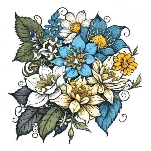 larkspur, marigold, cosmos and water lily tattoo design idea