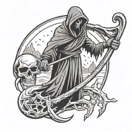 simple grim reaper in winter with scythe and text saying lurker of chalice under tattoo design idea