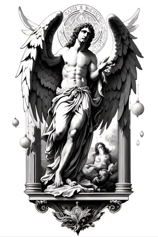 Angel Icaro in free fall and under the fingers of Adam's creation vertical, with a fund of ornaments and columns tattoo design idea