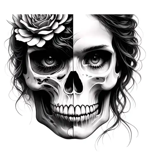Beautiful woman face and half skull  morph tattoo design idea