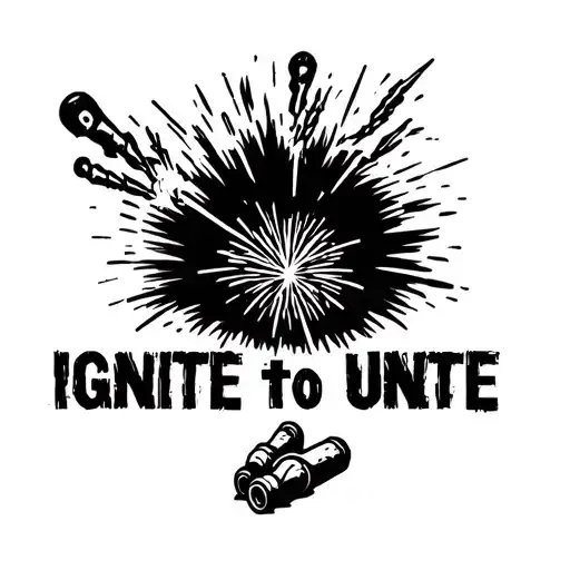 "Ignite to unite " 3 mortars under text, firing firework shell through text with willow explosion on top of text  tattoo design idea