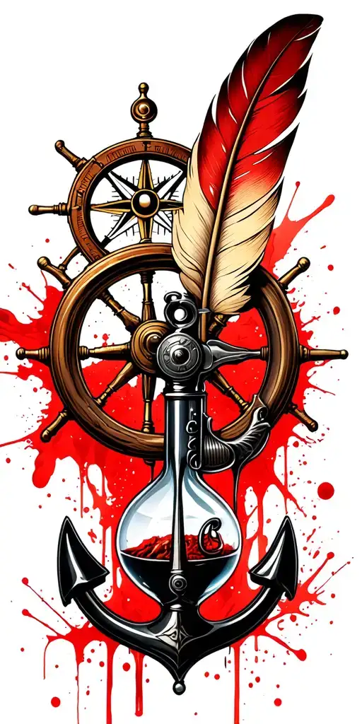 US Navy flintlock pistol, a quill pen, a nautical compass, a fouled anchor, a ship's wheel, and an hourglass tattoo design idea