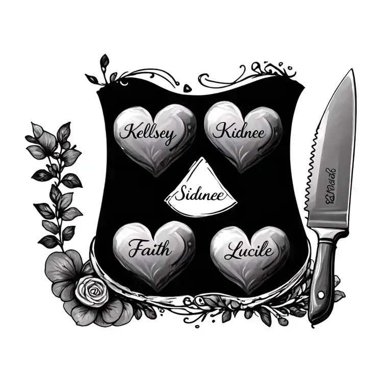 abstract of food and chef knife and 4 hearts with the name Kelsey Sidnee Faith Lucille in each heart tattoo design idea