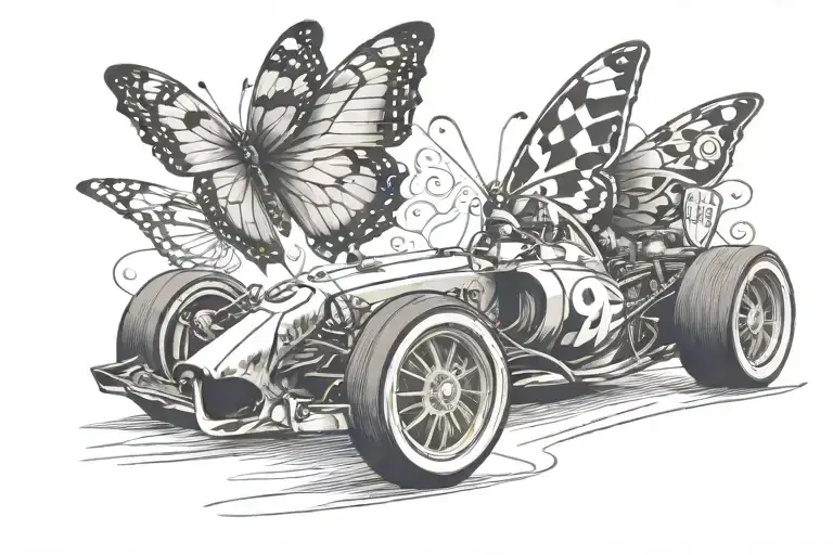 Butterfly morphing into formula one car speeding tattoo design idea