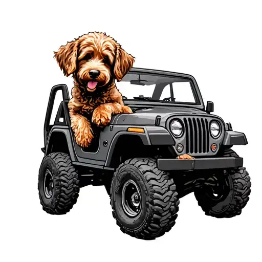 golden doodle with jeep driving tattoo design idea