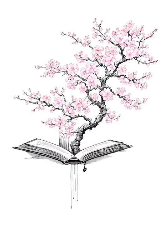 Sablier, open books, Sakura Tree flowers tattoo design idea