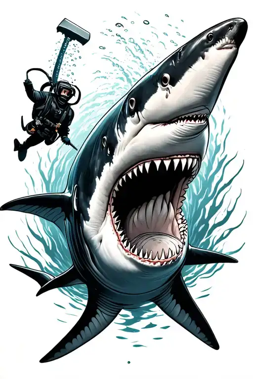 Hammer head shark swimming with a diver reaching out and a tiger shark coming near top view tattoo design idea