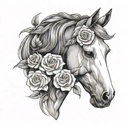 horse head and roses very detail black and white tattoo design idea