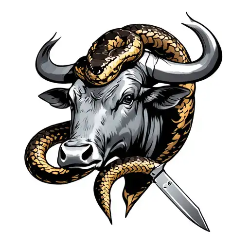 bull, butcher, knife with a snake tattoo design idea