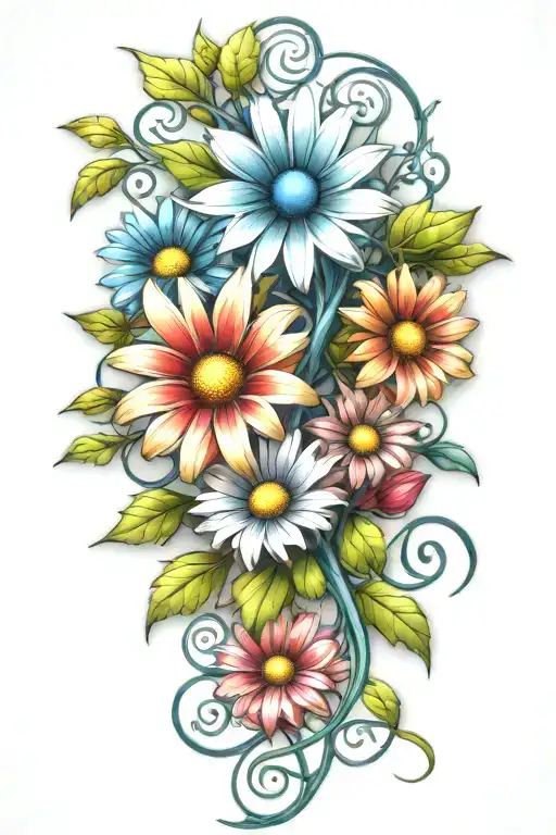 Colorful daisies  intertwined around a vine tattoo design idea