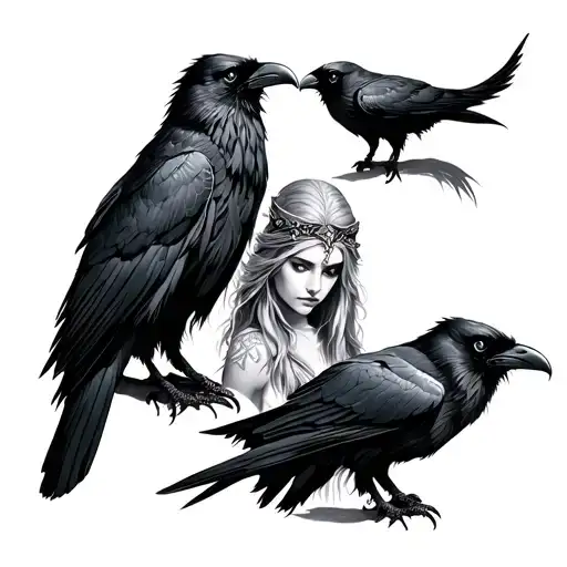 freya norse goddes with 2 ravens Huginn and Muninn tattoo design idea