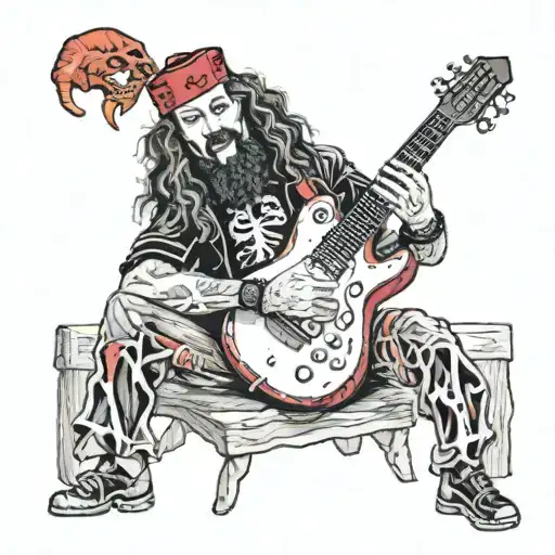 The artist Dimebag Darrel, waith a red goatee and a dean guitar playing.Make him a skeleton tattoo design idea