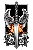 Sword With Angel Wings fire and roses growing tattoo design idea