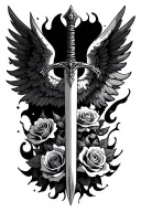 Sword With Angel Wings fire and roses growing tattoo design idea