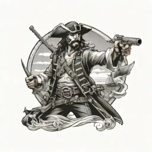 a pirate with a musket and with his other hand he tosses a coin, with a ship in the background tattoo design idea