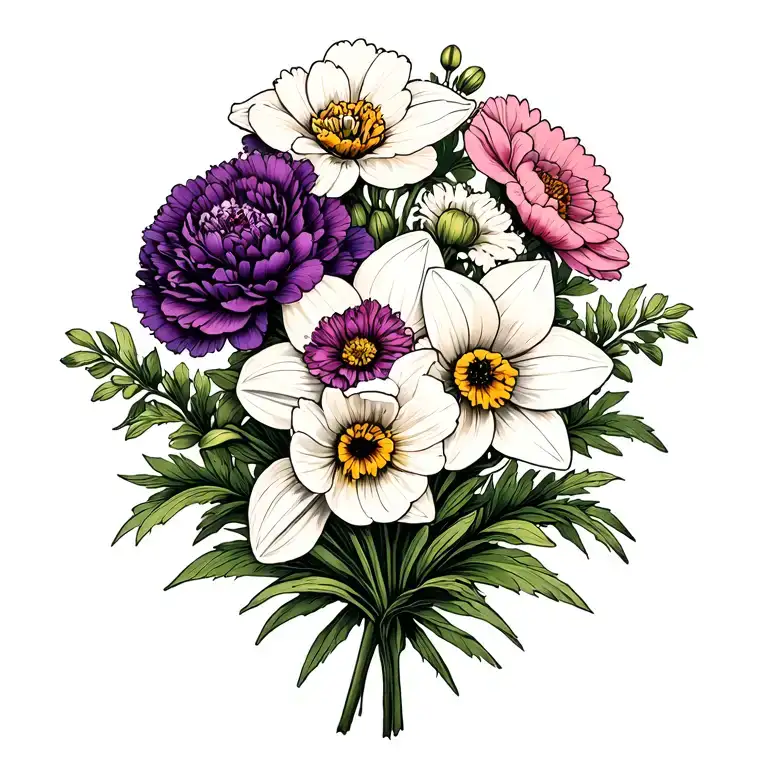 purple carnation white daffodil pink cosmos bouquet tattoo design idea