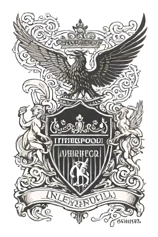 the Shankly gates and anfield as a background around the liverpool crest  tattoo design idea