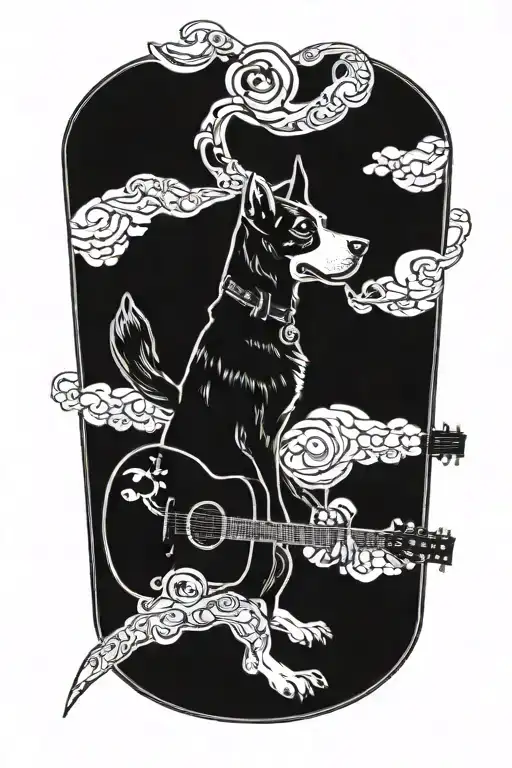 A dog playing a guitar with Grateful Dead symbols in the background tattoo design idea