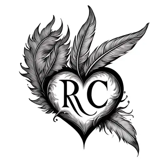 invini in heart + initials R and C + feathers tattoo design idea