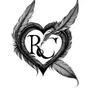 invini in heart + initials R and C + feathers tattoo design idea