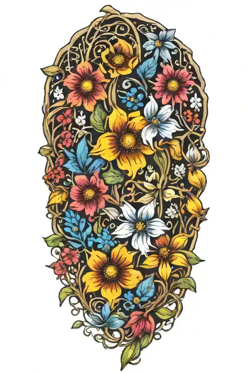 Colorful wildflowers intertwined around a vine tattoo design idea
