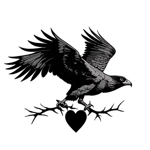 Blackhawk bird about to land on thorns with hidden heart Polynesian style tattoo design idea