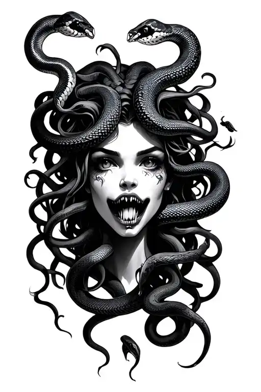 Medusa with her snakes, taped up mouth, snake faces tattoo design idea