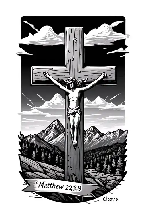 cross with verse Matthew 22:39 and Colorado mountains in the background tattoo design idea