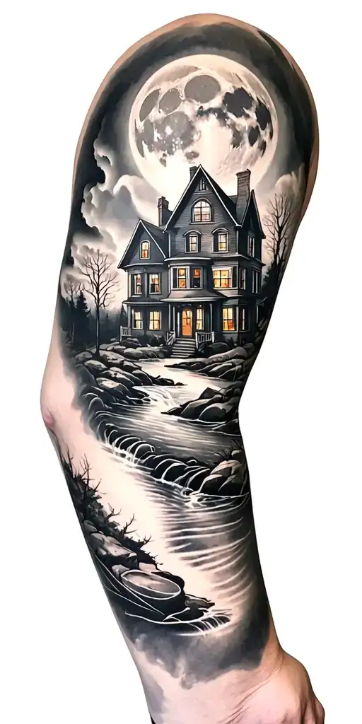Full sleeve tattoo haunted house with Amityville windows with a blood moon sticking out overlooking a forest and stream  tattoo design idea