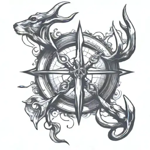 fishing hook, cross, hunting trap, and deer antlers  tattoo design idea